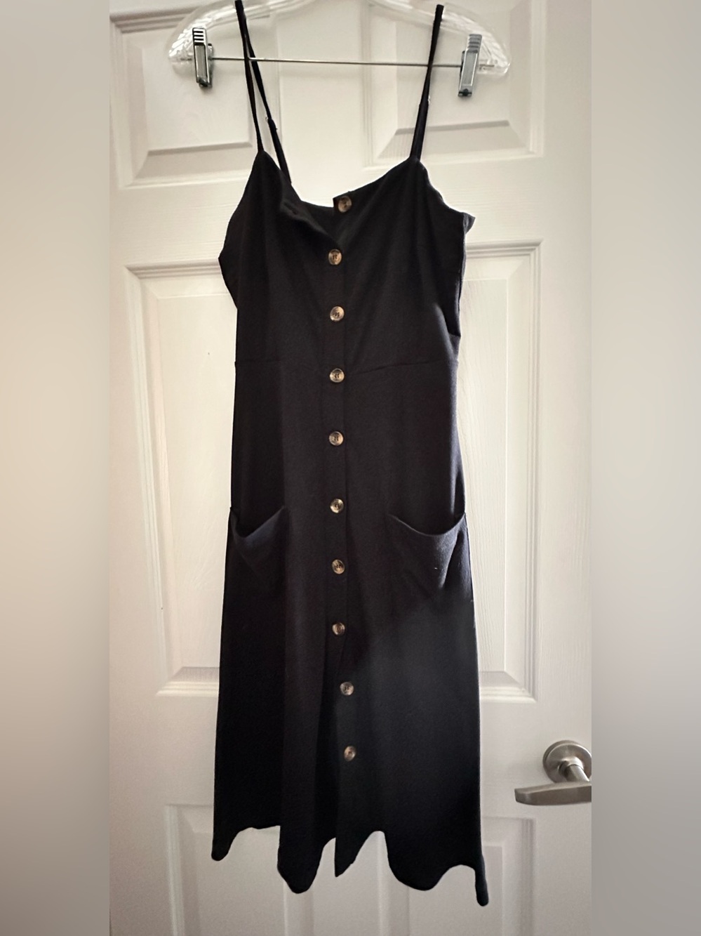 Classic Black Button-Front Slip Dress with Pockets
